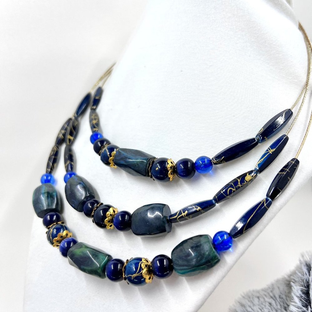Three Strand Blue & Green Beaded Gold Tone Wire 13” Necklace